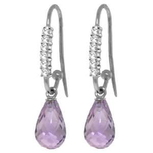   White Gold Diamond Fish Hook Earrings with Natural Amethysts Jewelry