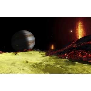  Volcanic activity on Jupiters moon Io, with the planet 