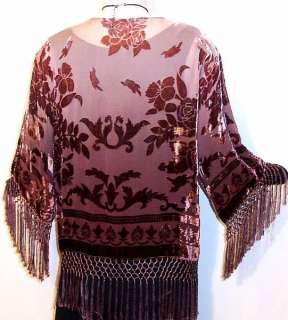 Hand dyed By Maya Burnout Velvet Fringe Jacket Kimono Short Brown 
