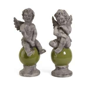   Weathered Child Angel On Green Orb Garden Statues 16