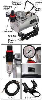AIR COMPRESSOR W/ FILTER & DUAL AIRBRUSH HOLDER KIT NEW  