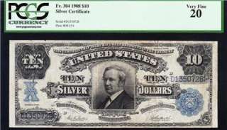Awesome RARE Bold & Crisp VF 1908 $10 Blue Seal TOMBSTONE Silver Cert 