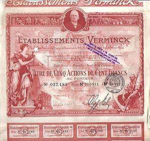 Original France Bond 1920 Etablissements Verminck 5 shares 500 fr TOP 