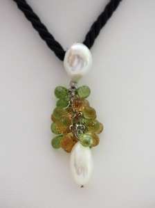 Citrine, Peridot & Pearl Pendant on a black cord by Verdi & Co.  