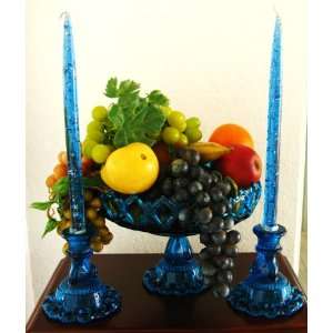   BRIGHT BLUE GLASS FRUIT BOWL, CANDLE HOLDERS, CANDLES & VINTAGE FRUIT