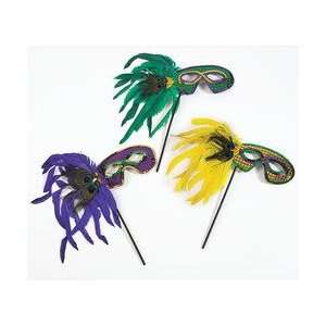 Mardi Gras Feather Masks W/Sticks (1 dozen)   Bulk [Toy 