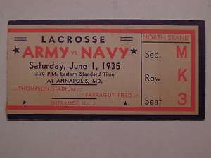 1935 Army vs Navy LaCrosse Ticket at Annapolis  