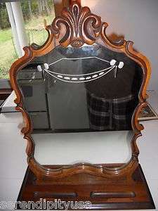 ELEGANT ANTIQUE DRESSING TABLE MIRROR ETCHED GLASS AND CARVED WOOD 