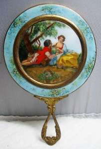 Antique French Style Figural Enamel Hand Purse Mirror~Original Beveled 