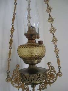 ANTIQUE 1800s STUNNING BRASS HANGING OIL LAMP AMBER HOBNAIL, SMOKE 