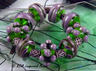 ROA Lampwork 9 Lime & Violet Designer Glass Beads SRA  