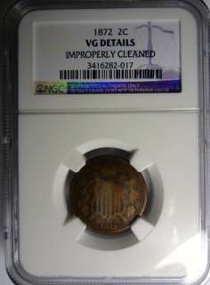 1872 TWO CENT PIECE NGC VG, CLEANED, RARE  
