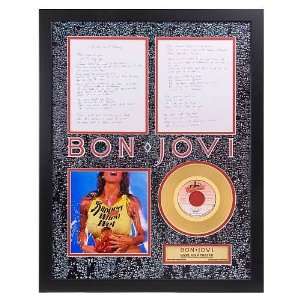 Bon Jovi Livin On A Prayer framed gold record with reproduction of 