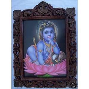  Child Lord Krishna in Lotus Flower, Wood Craft Frame 
