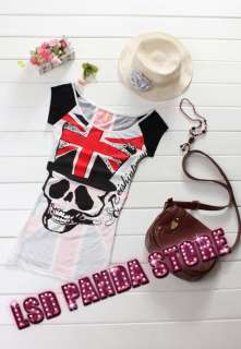 SC241 Black Skull Pattern Punk Rock Chic Girls Ladies T Shirts Top 