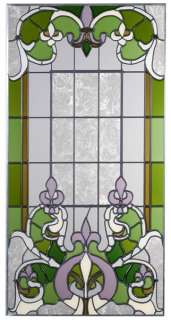 Fleur de Lys French Design Stained Art Glass Window Panel Hand Painted 