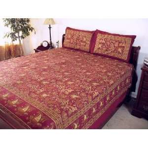  3P Maroon Luxury Cotton Print India Bed Sheet Set Queen 
