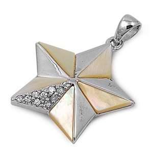  Sterling Silver Mother of Pearl Fancy Star CZ Pendant 