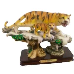 Tiger Family On Rock With Wooden Base 