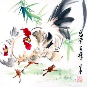 Oriental Asian Chinese painting  Auspicious Roosters  