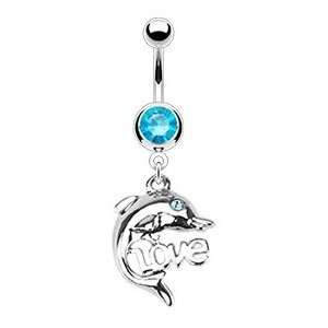  Dangling Dolphin LOVE Belly Button Navel Ring Dangle with 