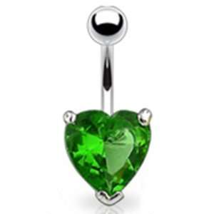 Belly Button Navel Ring with 10 mm Prong Set Green Solitaire Gem Heart 