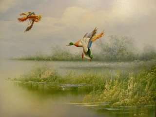   Detailed FLYING DUCKS OVER POND ~WOOD FRAMED/ CANVAS~ OIL PAINTING