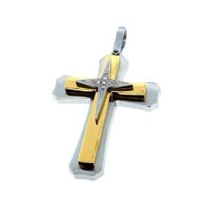  Stainless Steel Gold Plated Three Layer CZ Diamond Cross 