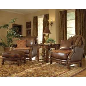   Pc Wood Trim Leather & Fabric Club Chair, & Wood Trim Leather Ottoman