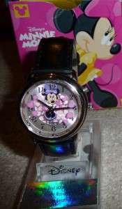 RARE Disney Minnie Mouse Animated Pink Hearts black leather watch HTF 