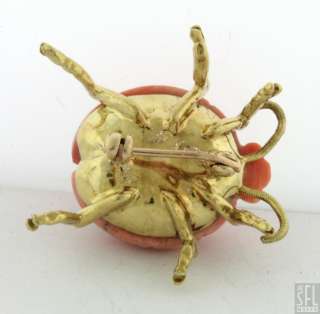 HEAVY 18K YELLOW GOLD DIAMOND CARVED CORAL LADY BUG BROOCH PIN  