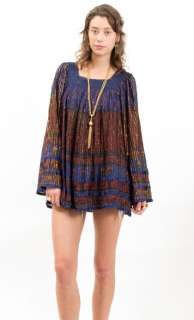 Vtg Sheer INDIA Gauze Crochet Metallic Hippie Bell Slv Kimono Dress 