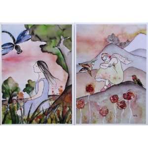Sympathy Cards Girls Resting in Nature Watercolor Notecards 5x7 (Set 