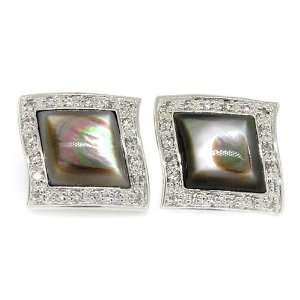  Shimmery Lozenge Earrings w/Black MOP & White CZs Jewelry