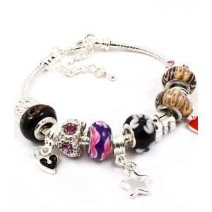  Bracelet ~ Black Purple & Yellow Murano Glass Beads Engraved Silver 