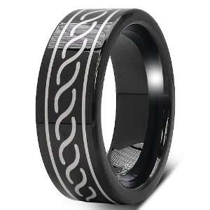  8MM Black Mens Tungsten Ring with Laser Etched Tribal 