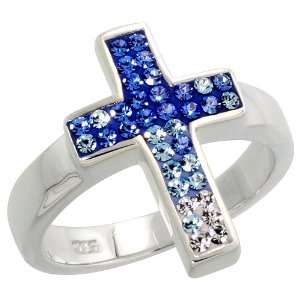    (17mm) wide Cross Ring, w/ Blue Sapphire colored CZ Stones, size 10