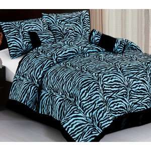 Imperial 7pcs Micro Fur Black/Sky Blue Zebra Design Comforter Bed in a 