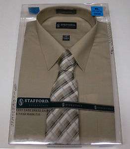 New Stafford Mens Shirt/Tie Gift Box Set Khaki Dress Shirt Striped 