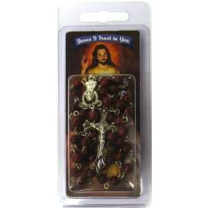 Divine Mercy Garnet Bead Rosary with Bookmark in Clamshell Packaging 