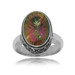  Mystic Fire Topaz Ring Silver Oxidize Oval Solitaire 