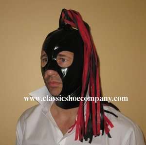 BLACK LATEX HOOD MASK WITH SINGLE BLACK AND RED PONY TAIL  