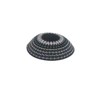   Black Knitted DMC Kippah with Pink Stripes and Blue and Green Pattern