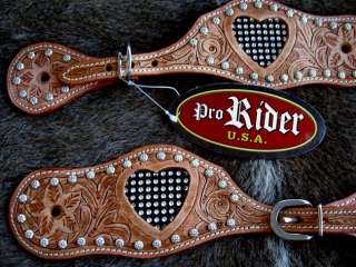 Horse CARVED Leather Western SPUR STRAPS BLING HEART TACK Rodeo  