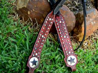 HORSE BRIDLE WESTERN LEATHER HEADSTALL GATOR BLING RODEO TACK STAR 