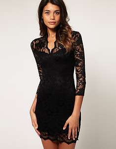 BODYCON LACE SCALLOPED NECK 2 in 1 3/4 SLEEVE MINI DRESS SIZES US 2 16 