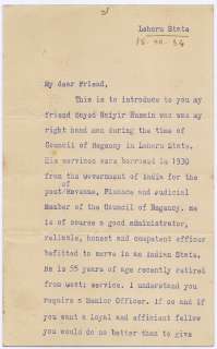 India 1934 letter signed Nawab Aminuddin of Loharu  