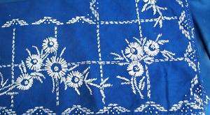 MEDIUM BLUE COTTON TABLECLOTH WITH WHITE HAND STITCHING  