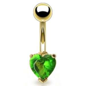  Gold Plated Belly Button Navel Ring with Green Gem Heart 