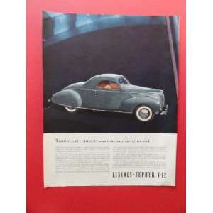 Lincoln Zephyr V 12, 1938 Print Ad. (Thorouhly Modern the only car of 